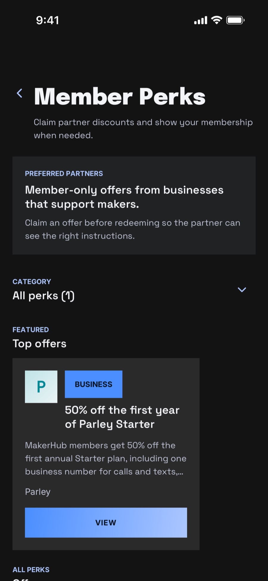 Maker Hub YYC app Member Perks screen showing preferred partner offers.